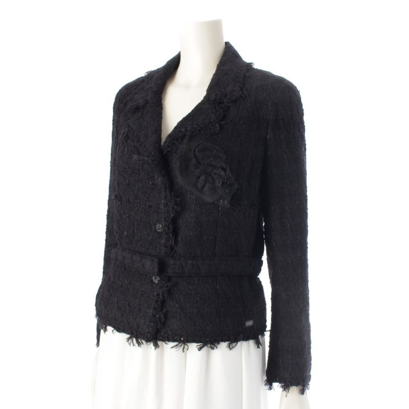 Chanel 05C Cotton Wool Melia Tweed Tailored Jacket With Belt P24873 Black 36