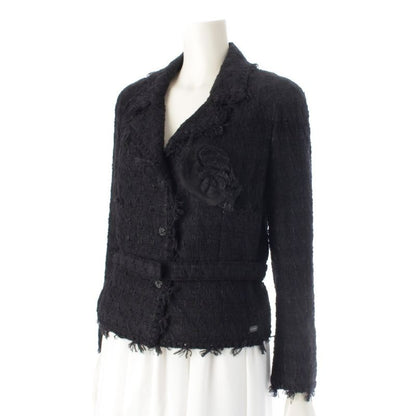 Chanel 05C Cotton Wool Melia Tweed Tailored Jacket With Belt P24873 Black 36
