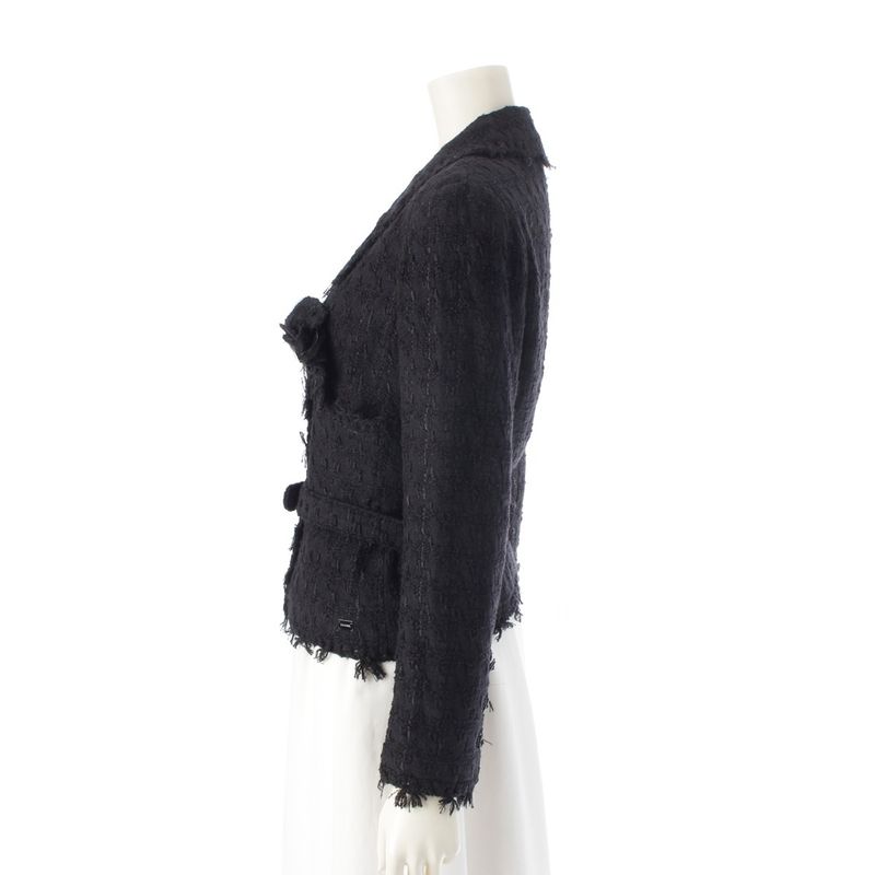 Chanel 05C Cotton Wool Melia Tweed Tailored Jacket With Belt P24873 Black 36