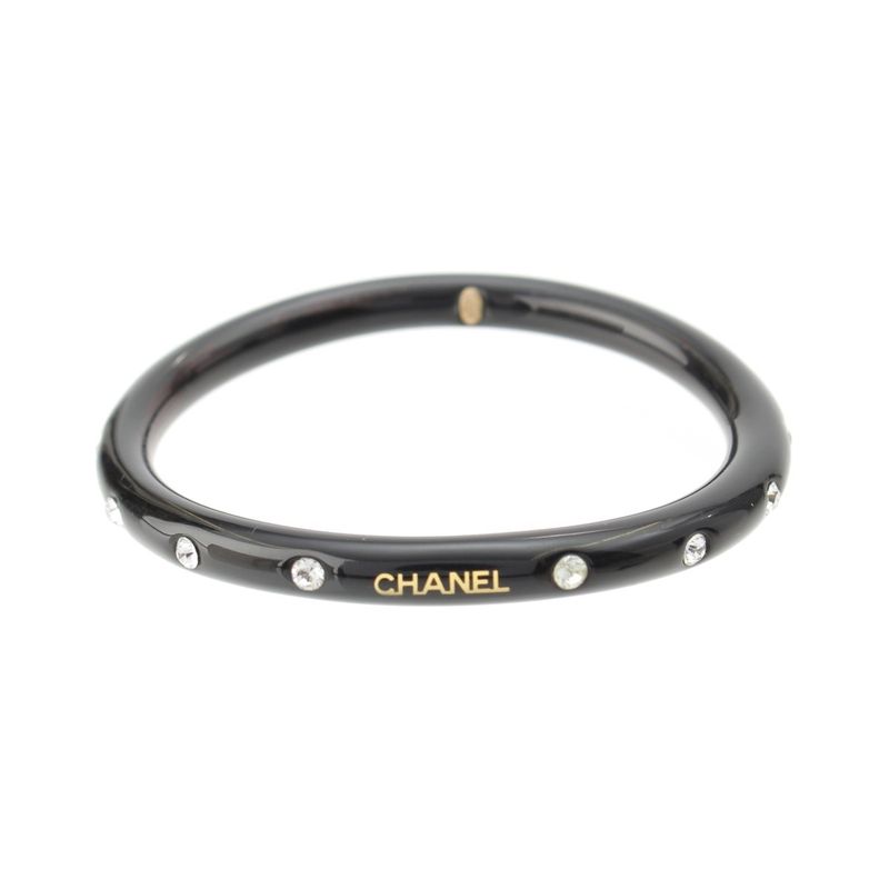 Chanel 00A Plastic Logo Stone Bangle Bracelet Black