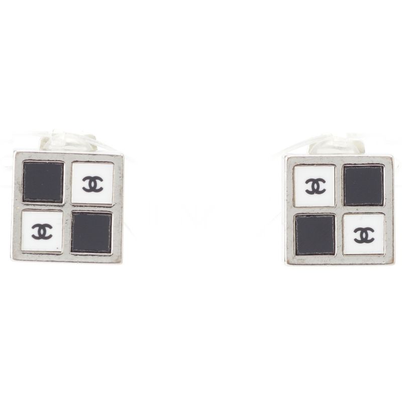 Chanel 01P Coco Mark Square Earrings Silver Black White