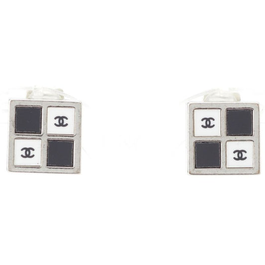 Chanel 01P Coco Mark Square Earrings Silver Black White