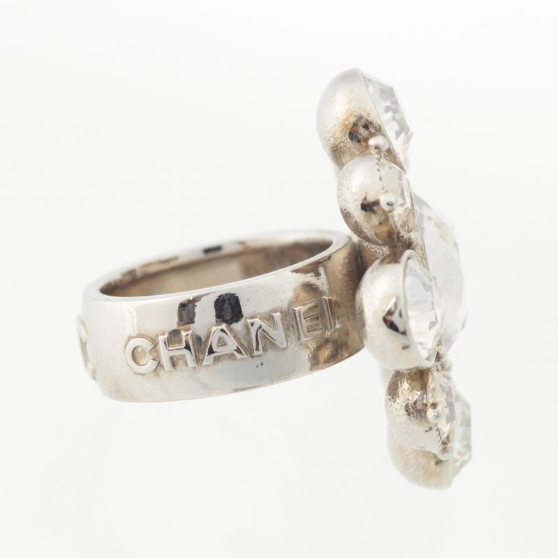 Chanel 08C Rhinestone Logo Coco Mark Ring Silver Size 13