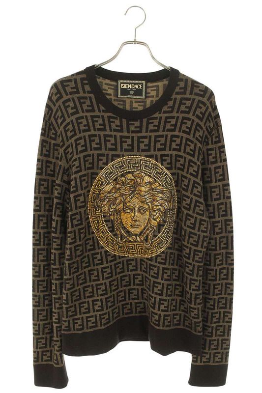 Versace X Fendi 1006108 Zucca Pattern Knit With Medusa Beads Decoration Men's 52