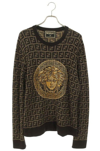 Versace X Fendi 1006108 Zucca Pattern Knit With Medusa Beads Decoration Men's 52