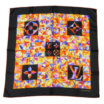 Louis Vuitton Scarf Silk Black Orange Multicolor Monogram Large Size Small Lady