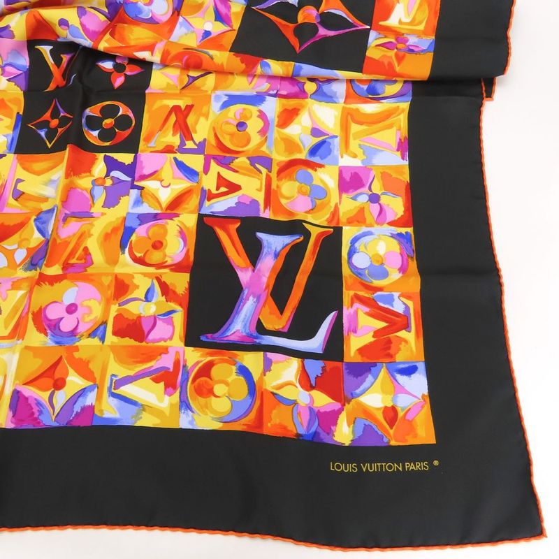 Louis Vuitton Scarf Silk Black Orange Multicolor Monogram Large Size Small Lady