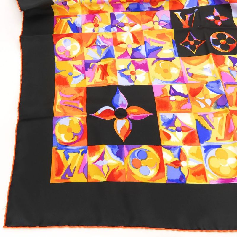 Louis Vuitton Scarf Silk Black Orange Multicolor Monogram Large Size Small Lady