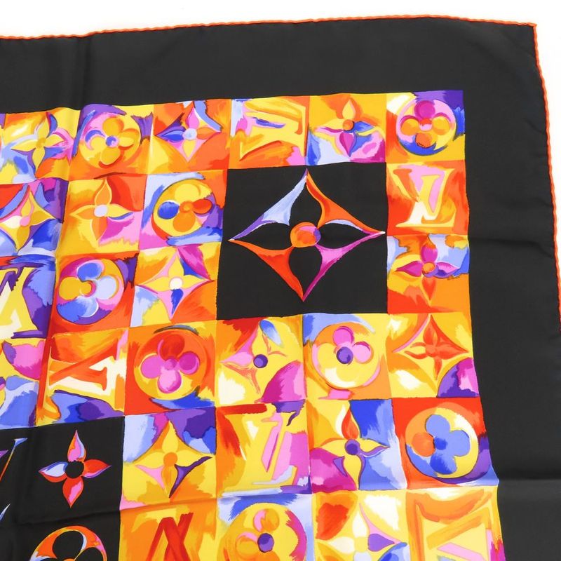 Louis Vuitton Scarf Silk Black Orange Multicolor Monogram Large Size Small Lady