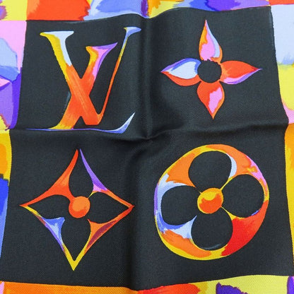 Louis Vuitton Scarf Silk Black Orange Multicolor Monogram Large Size Small Lady