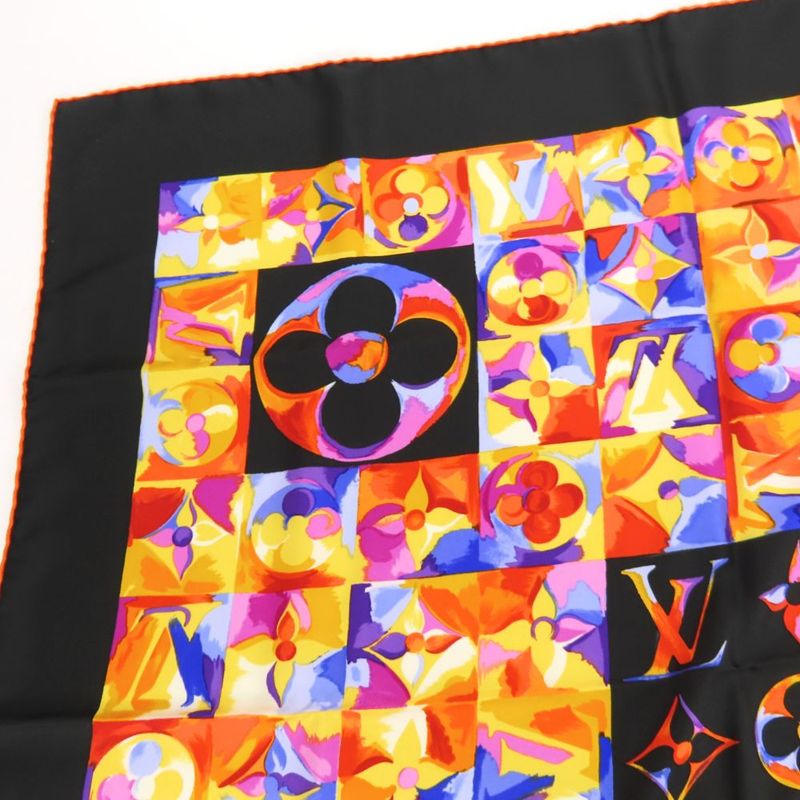 Louis Vuitton Scarf Silk Black Orange Multicolor Monogram Large Size Small Lady