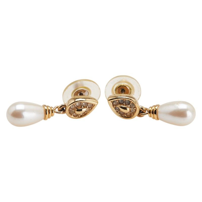 Dior Rhinestone Earrings Swing Teardrop Gold Plated Faux Pearl Women's Dior