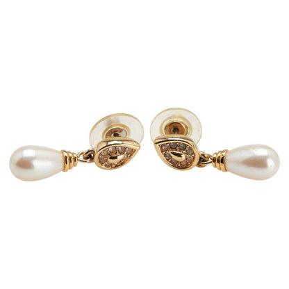 Dior Rhinestone Earrings Swing Teardrop Gold Plated Faux Pearl Women's Dior