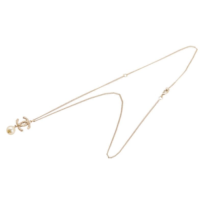 Chanel Coco Mark Pendant Necklace Gold Plated Faux Pearl Rhinestone Ladies