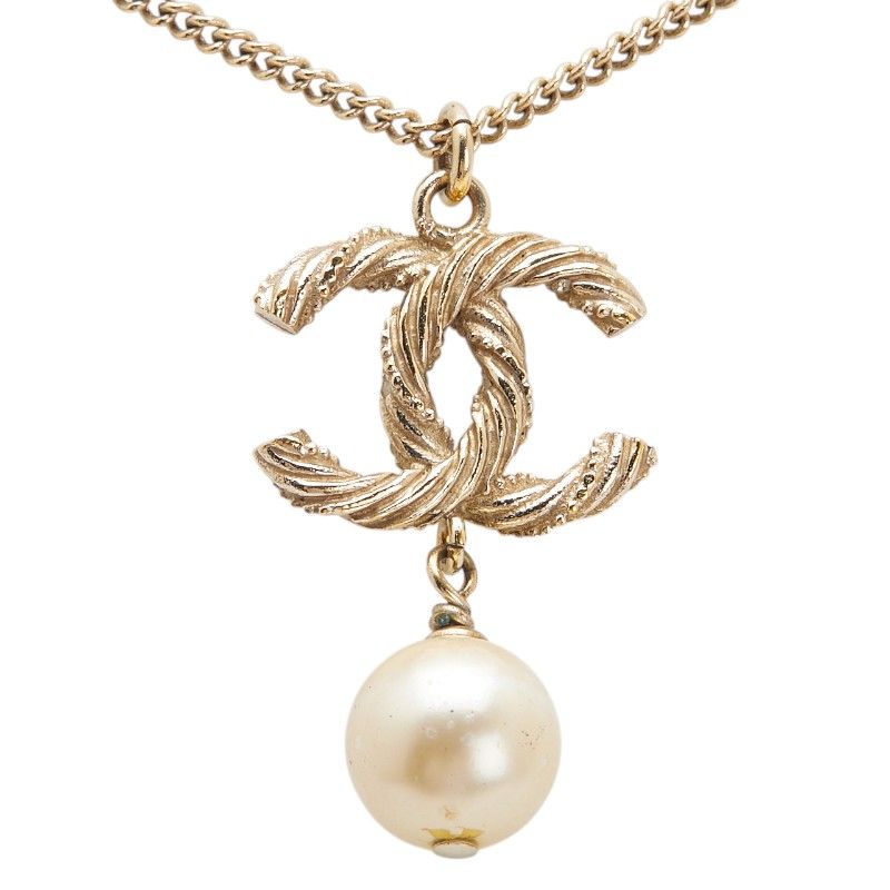Chanel Coco Mark Pendant Necklace Gold Plated Faux Pearl Rhinestone Ladies