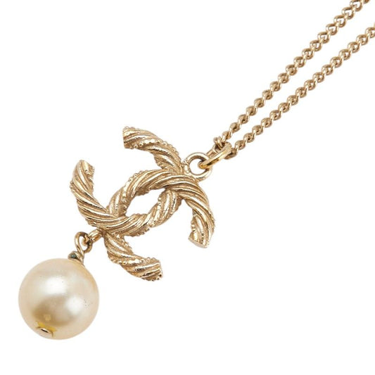 Chanel Coco Mark Pendant Necklace Gold Plated Faux Pearl Rhinestone Ladies