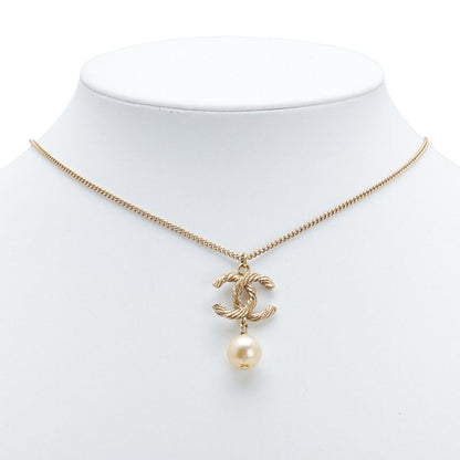 Chanel Coco Mark Pendant Necklace Gold Plated Faux Pearl Rhinestone Ladies