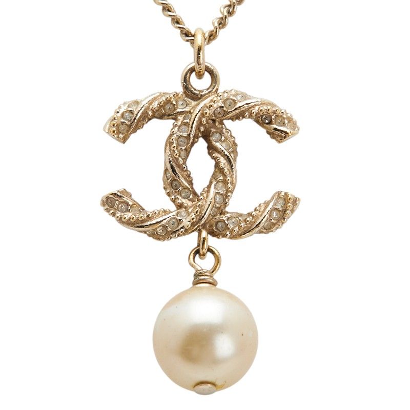 Chanel Coco Mark Pendant Necklace Gold Plated Faux Pearl Rhinestone Ladies