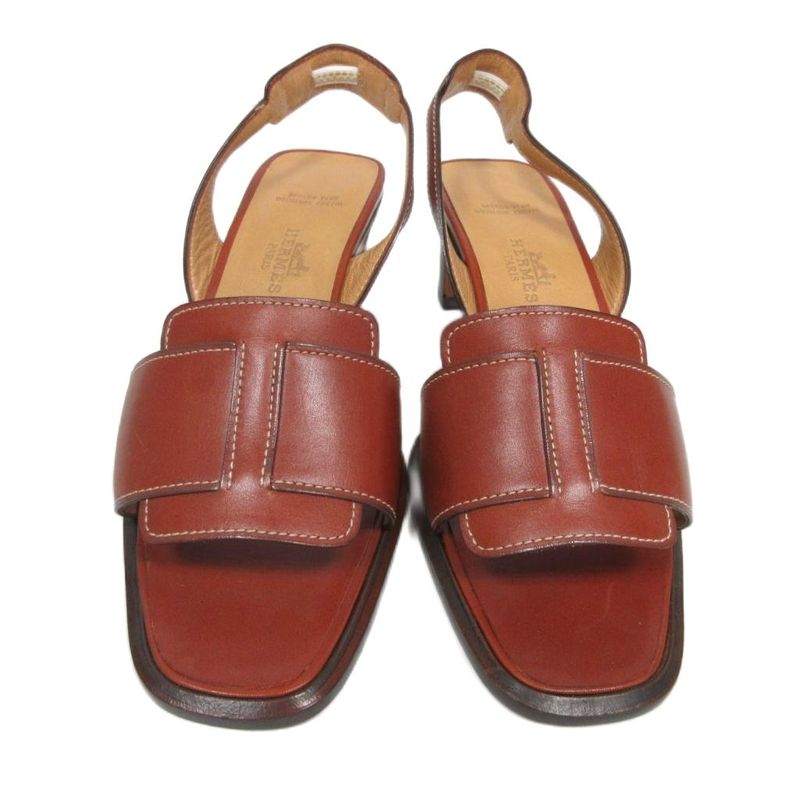 Hermes Leather Suring Back Sandals H Logo Mules Brown 35 1 2 Ibo84
