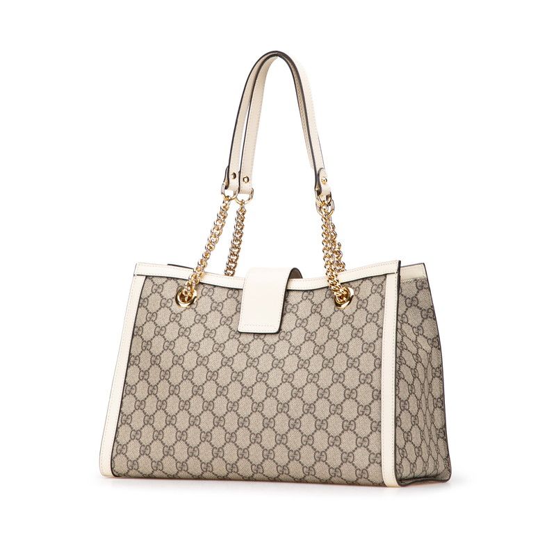 Gucci GG Supreme Padlock Medium Chain Tote Shoulder Bag 479197 Beige White PVC