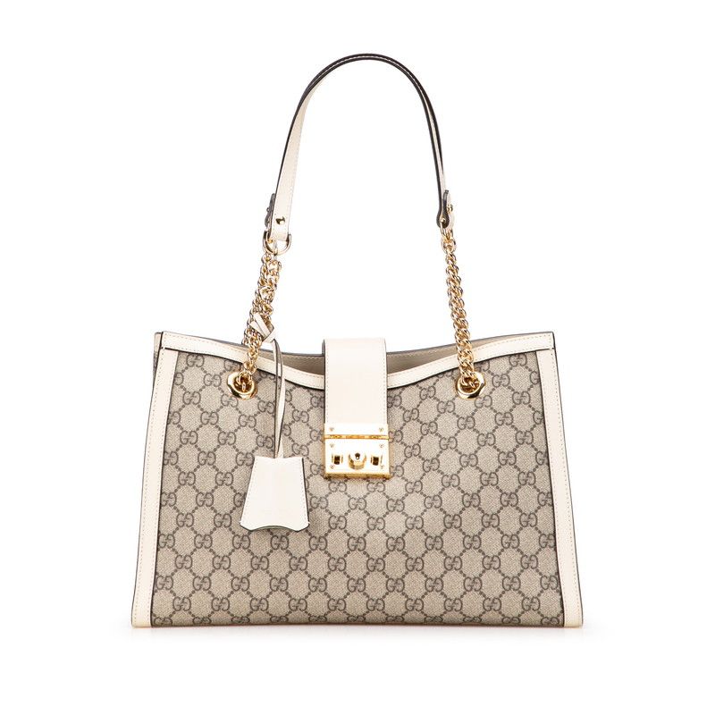 Gucci GG Supreme Padlock Medium Chain Tote Shoulder Bag 479197 Beige White PVC