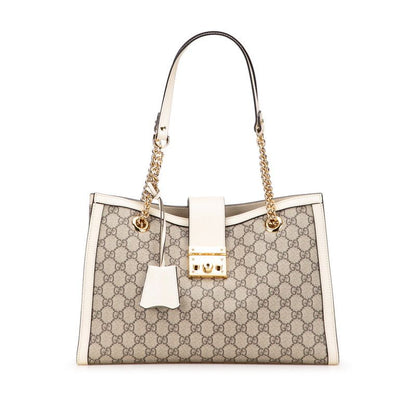 Gucci GG Supreme Padlock Medium Chain Tote Shoulder Bag 479197 Beige White PVC