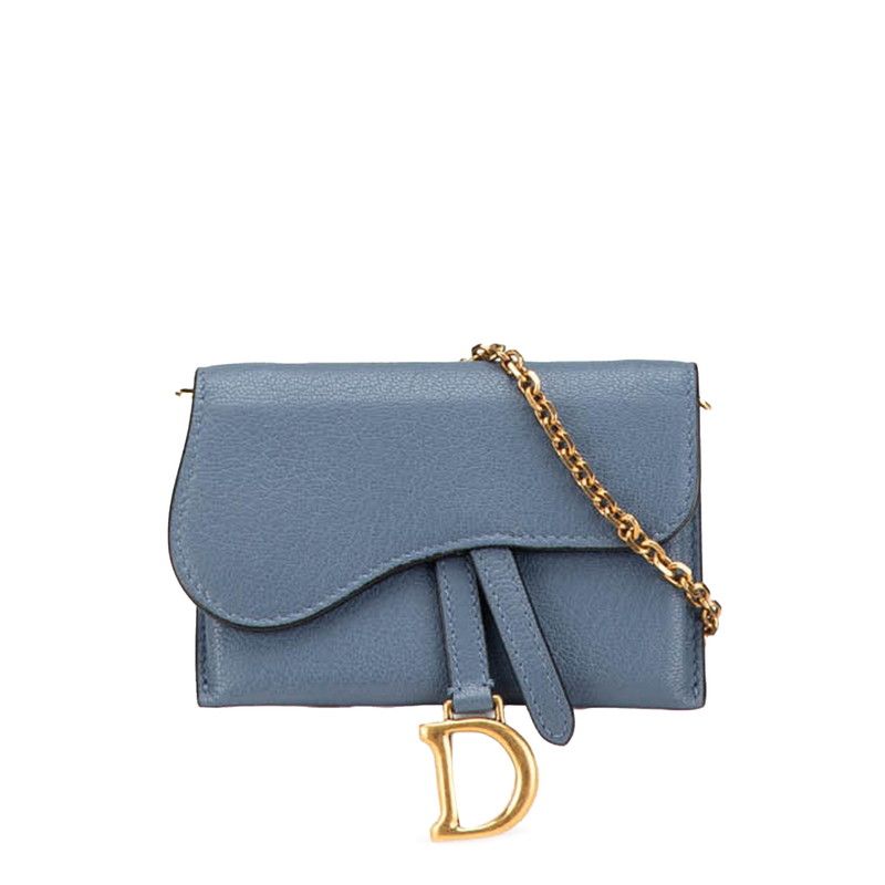 Dior Saddle Chain Shoulder Wallet Blue Gray Leather Women's Dior