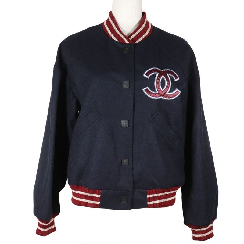 Chanel Baseball Stadium Jacket Sport Line 04P P23442 Wool Navy Blue Women's