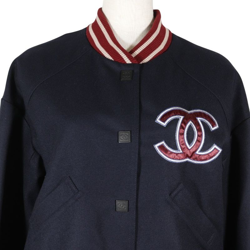Chanel Baseball Stadium Jacket Sport Line 04P P23442 Wool Navy Blue Women's