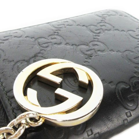 Gucci Shimmer Coin Case Coin Purse Card Case Leather Round Zipper GG Black