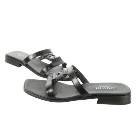 Gucci Flat Sandals Mules Square Toe Leather G Logo 36 23.0cm (9.06in) Black