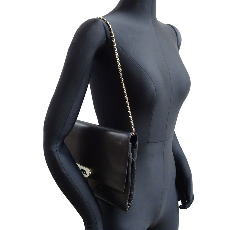 Chanel Shoulder Logo Plate Chain Lambskin Black Bag