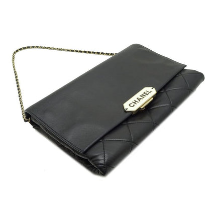 Chanel Shoulder Logo Plate Chain Lambskin Black Bag