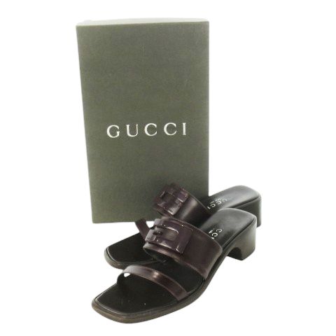 Gucci Mules Sandals Leather Square Toe Middle Heel G Logo 6.5 23.5cm (9.25in)