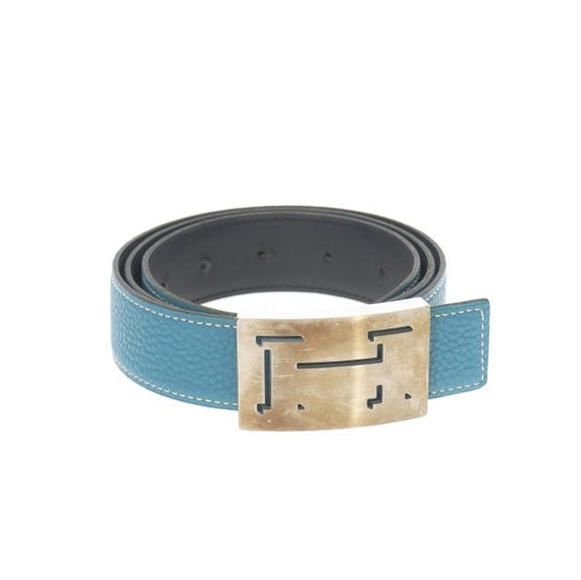 Hermes H Belt Lucky Metal 95 □I Engraved 2005 Blue Jean Black Light Blue Black