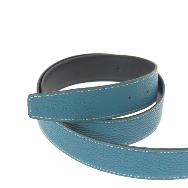 Hermes H Belt Lucky Metal 95 □I Engraved 2005 Blue Jean Black Light Blue Black