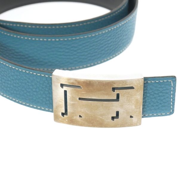 Hermes H Belt Lucky Metal 95 □I Engraved 2005 Blue Jean Black Light Blue Black