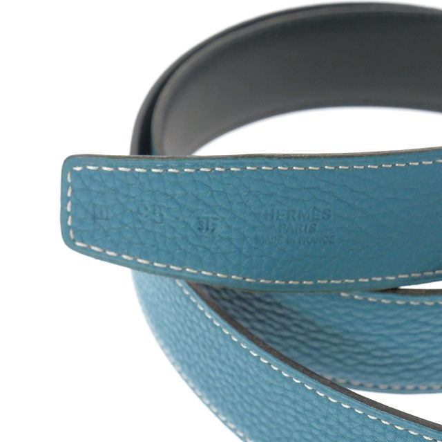 Hermes H Belt Lucky Metal 95 □I Engraved 2005 Blue Jean Black Light Blue Black