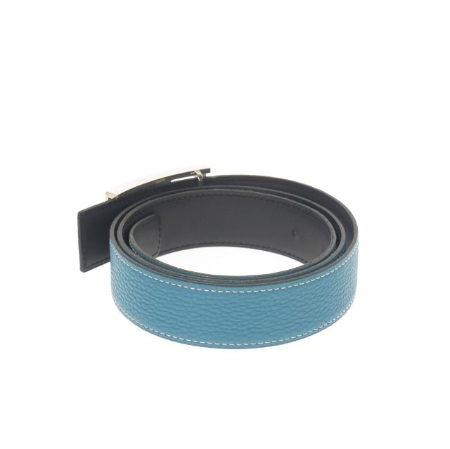 Hermes H Belt Lucky Metal 95 □I Engraved 2005 Blue Jean Black Light Blue Black