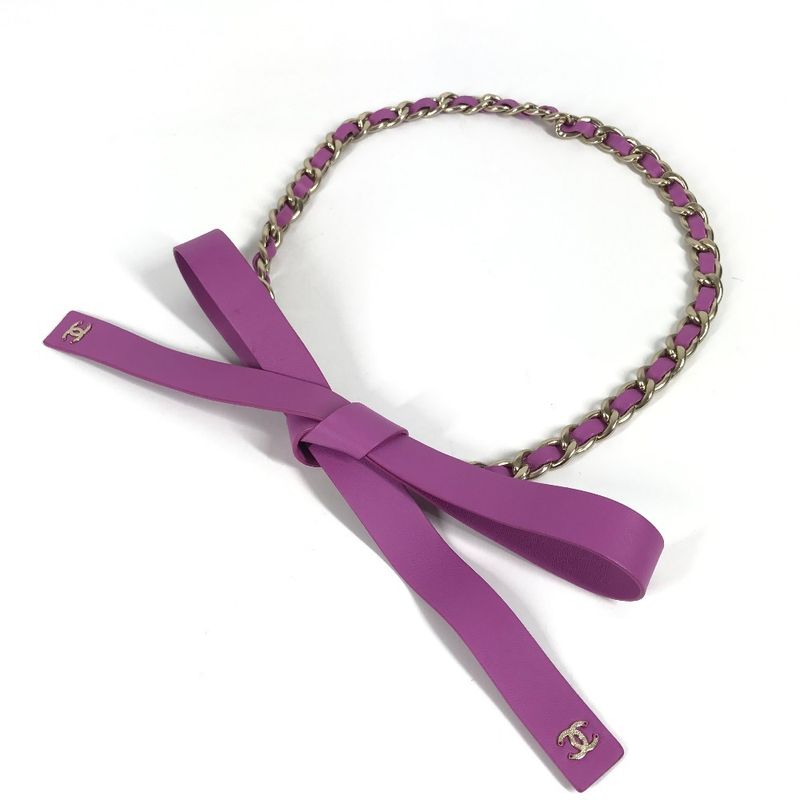 Chanel Belt Chain Belt Ribbon CC Coco Mark Leather Purple