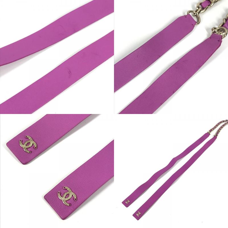 Chanel Belt Chain Belt Ribbon CC Coco Mark Leather Purple