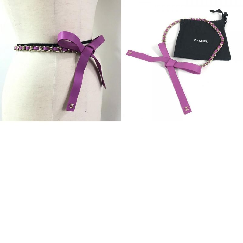 Chanel Belt Chain Belt Ribbon CC Coco Mark Leather Purple