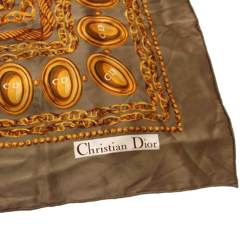 Christian DIOR Scarf Chain Pattern CD Logo Khaki Brown Ym-oh