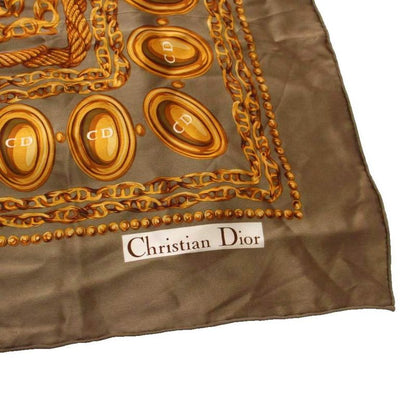 Christian DIOR Scarf Chain Pattern CD Logo Khaki Brown Ym-oh