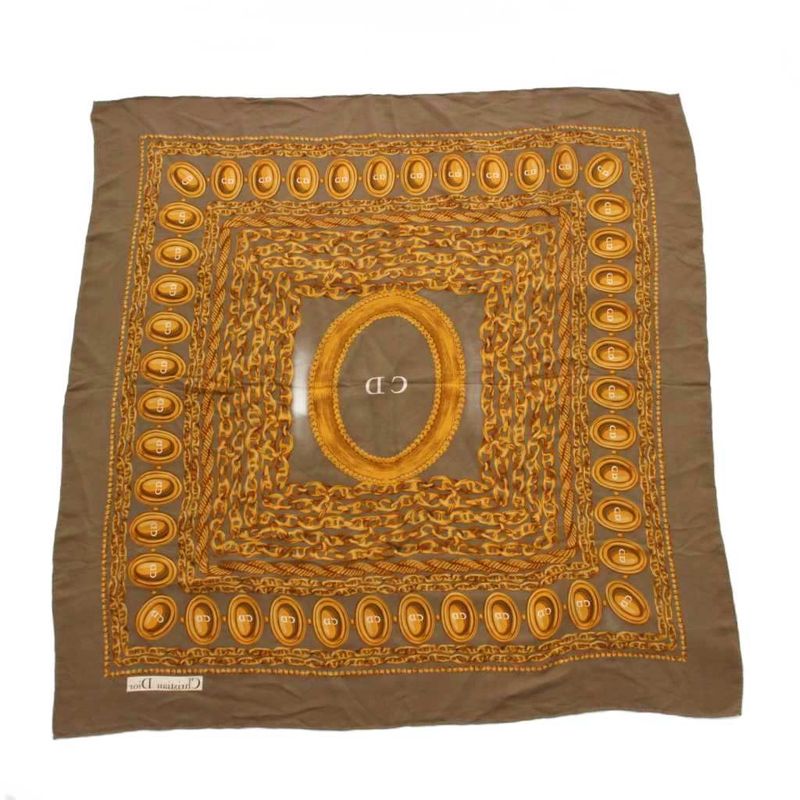 Christian DIOR Scarf Chain Pattern CD Logo Khaki Brown Ym-oh