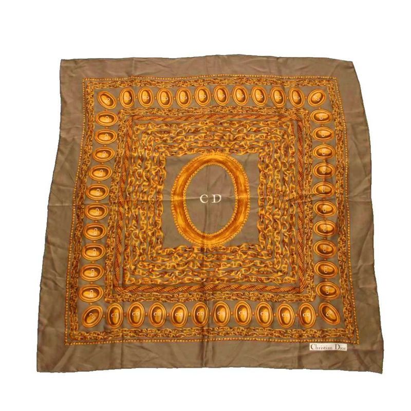 Christian DIOR Scarf Chain Pattern CD Logo Khaki Brown Ym-oh