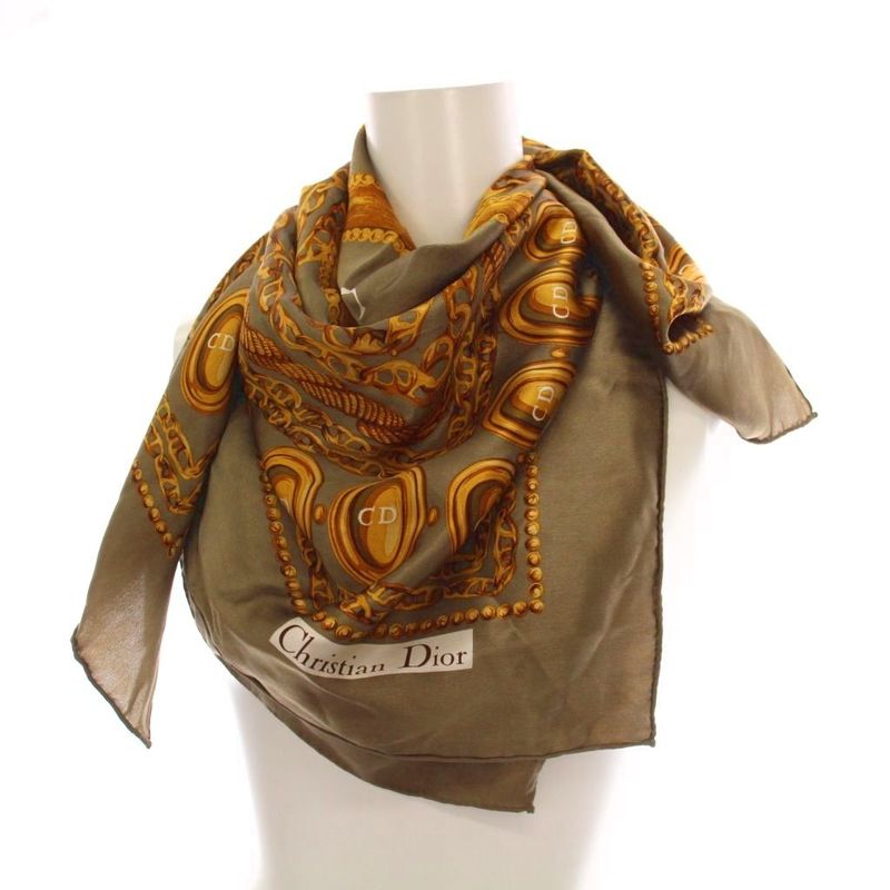 Christian DIOR Scarf Chain Pattern CD Logo Khaki Brown Ym-oh