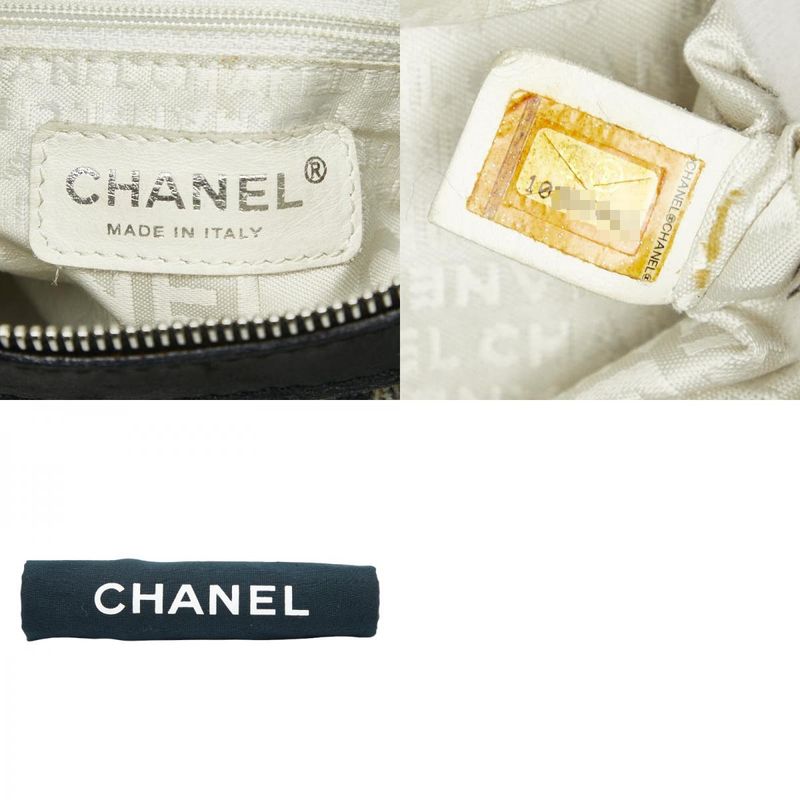 Chanel Icon Print Clover One Shoulder Bag Handbag Beige Black Tweed Leather