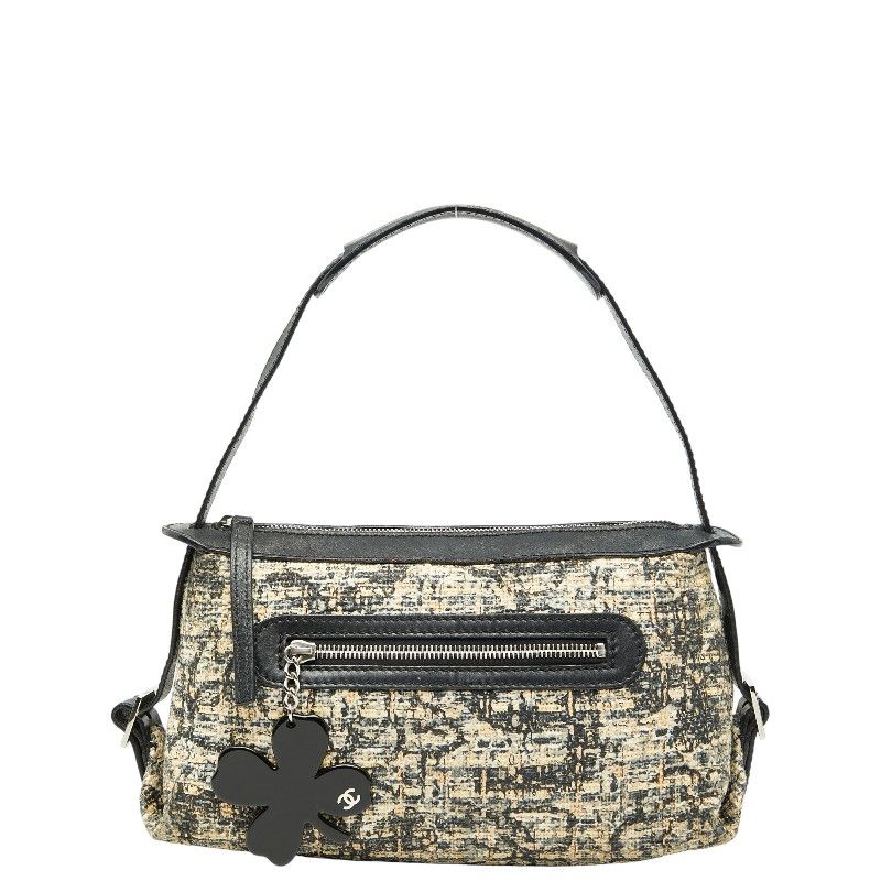 Chanel Icon Print Clover One Shoulder Bag Handbag Beige Black Tweed Leather