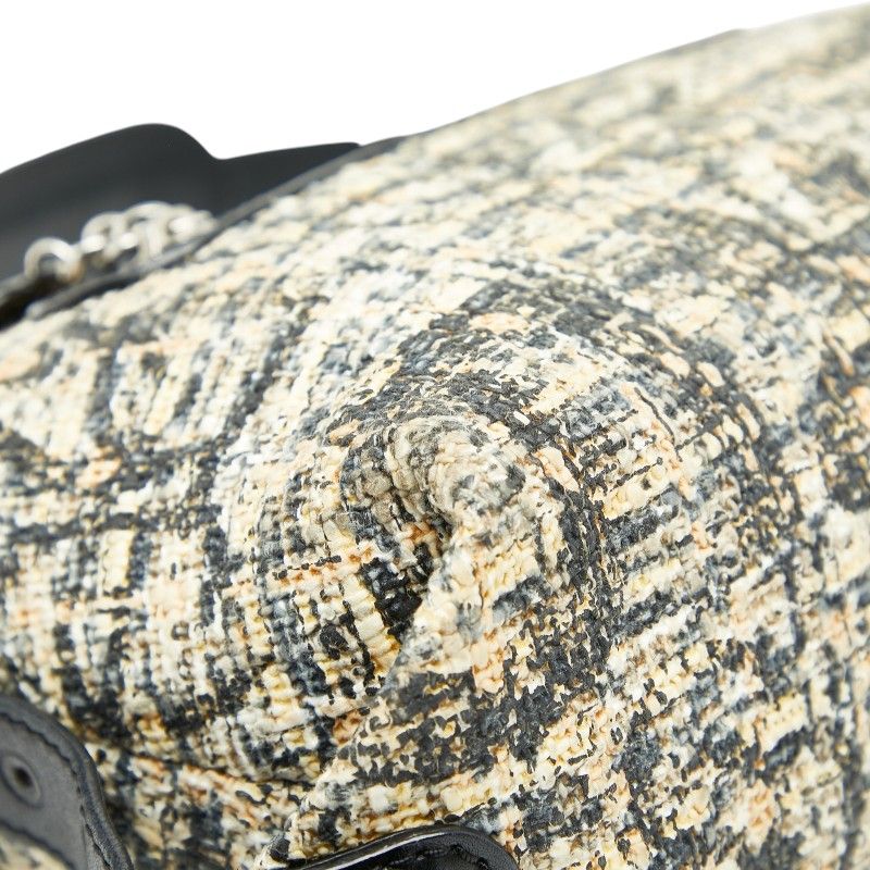 Chanel Icon Print Clover One Shoulder Bag Handbag Beige Black Tweed Leather